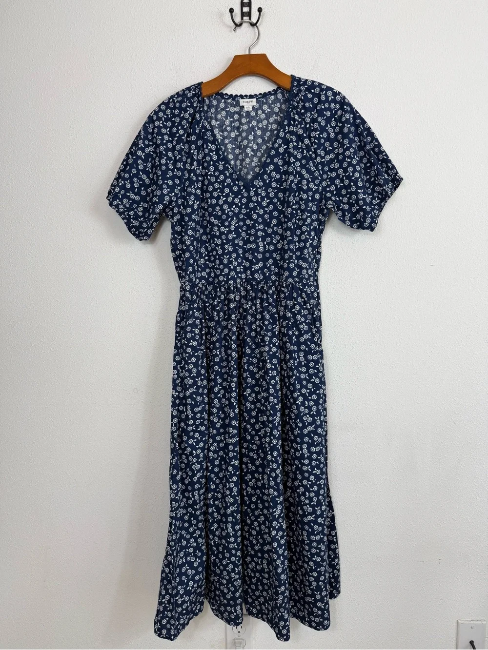 J.Crew Printed Lace Trim Mid Dress Navy Blue White Floral Cotton Sz 10